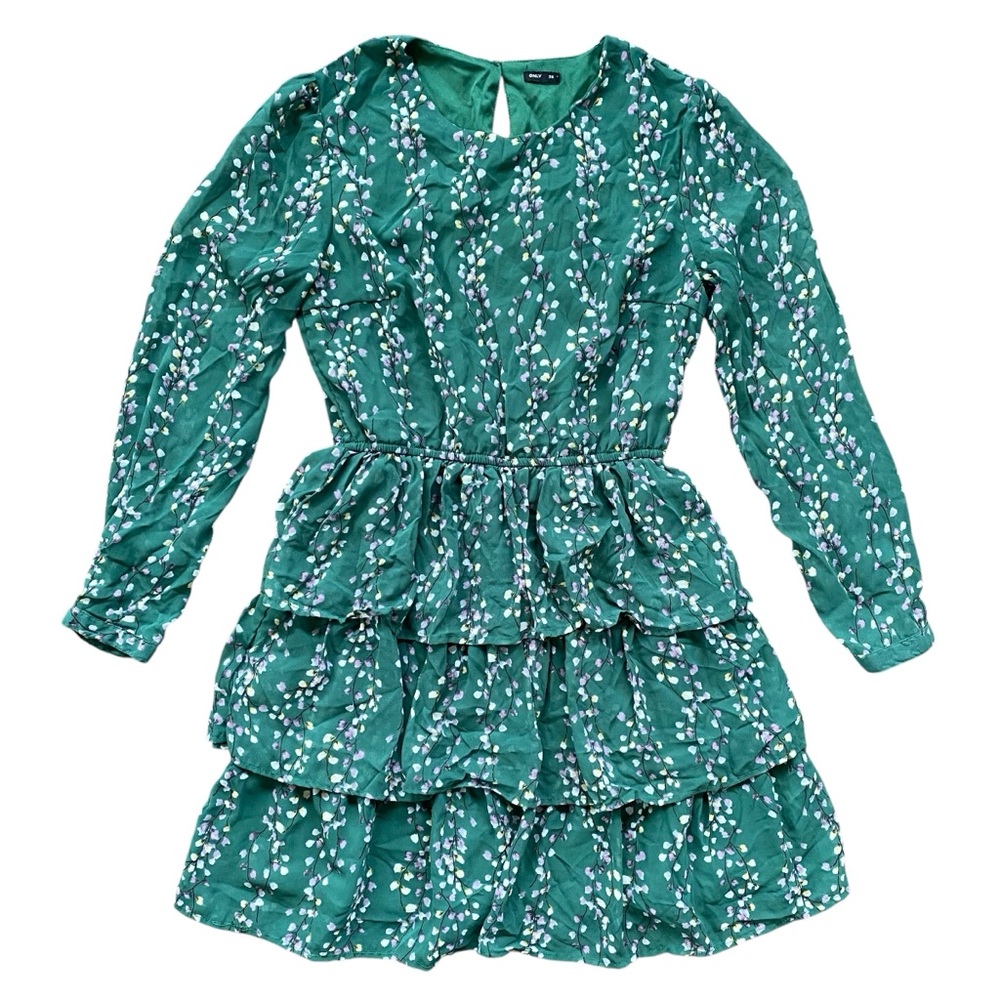 Only Women’s Green & White Floral Ruffled Tiered Long Sleeve Mini Dress Sz EU 36
